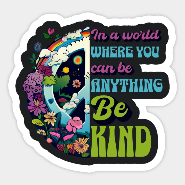 In a World Where You Can Be Anything Be Kind - Peace Hippie Flowers Earth Sticker by Unified by Design